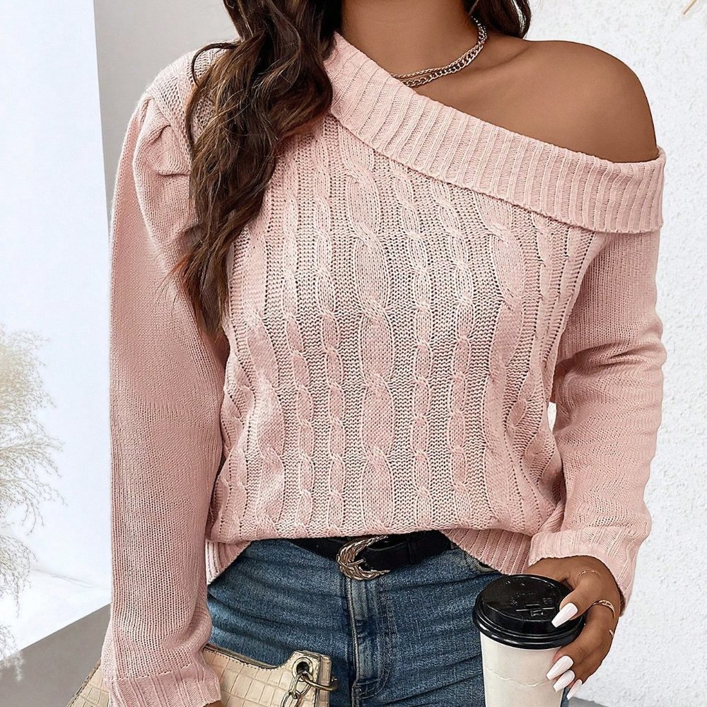 Pink Casual Womens Asymmetrical Neck Cable Knit Sweater - Picture 4 of 4